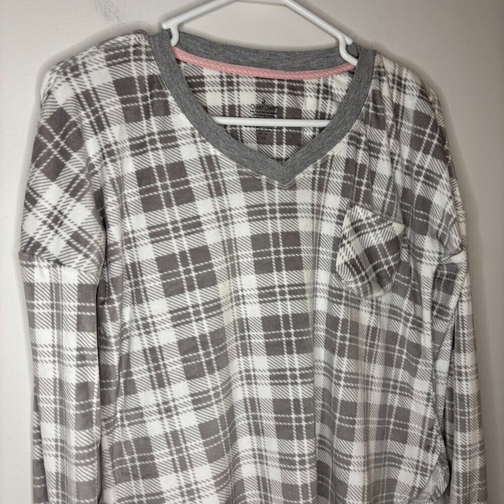 CUDDL DUDS Fleece Top Womans XS Gray White Plaid Soft Stretch